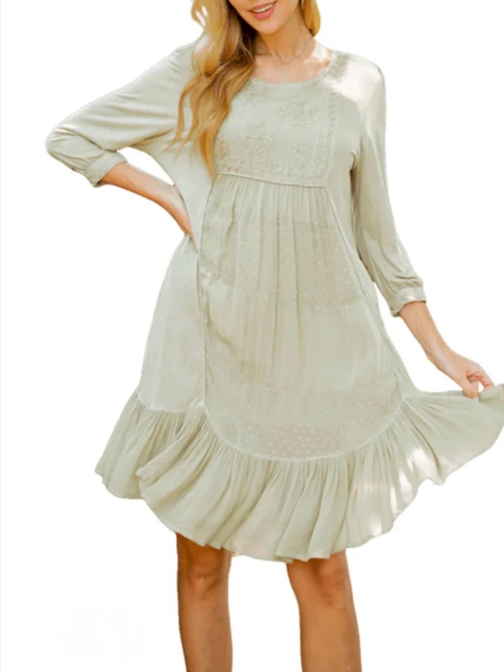 NWT Young Threads Avocado Crepe Embroidered Ruffle Scoop Neck A-Line Dress M - Picture 2 of 14